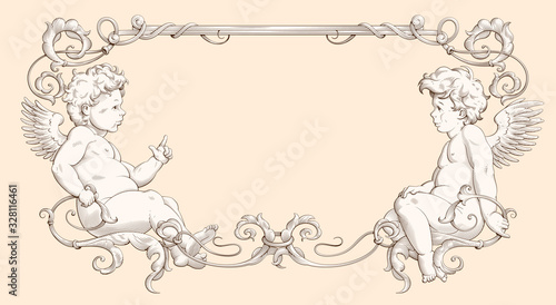 Elegant vintage border frame with cupids for weddings, Valentine`s day and other holidays. Decorative element in the style of vintage engraving with Baroque ornament
