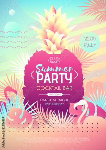 Colorful summer disco party poster with fluorescent tropic leaves, pineapple and flamingo. Summertime background