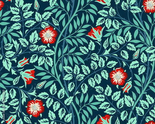 Vintage floral seamless pattern background with red roses and foliage in the dark. Vector illustration.