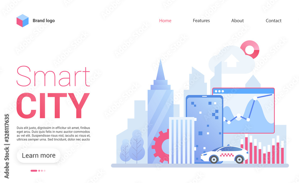 Urban landscape with buildings, smart cars and electronic devices. Smart modern city. Concept website template layout vector illustration