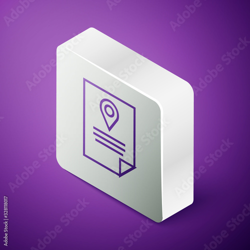 Isometric line Document tracking marker system icon isolated on purple background. Parcel tracking. Silver square button. Vector Illustration