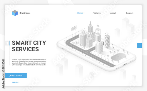Smart city hologram on smartphone screen with smart services and icons, internet of things, business network and augmented reality isometric website template layout concept vector illustration