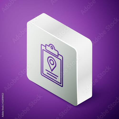 Isometric line Document tracking marker system icon isolated on purple background. Parcel tracking. Silver square button. Vector Illustration