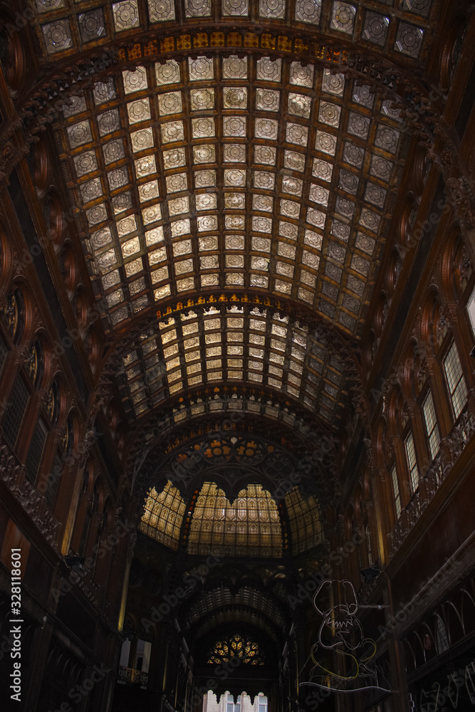 Budapest, Hungary - October 06, 2014: Beautiful stained-glass and wooden ceilings