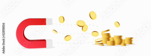 Magnet with money coins isolated on white background. Concept of attracting investments. Big business profit attraction and success. Vector Illustration