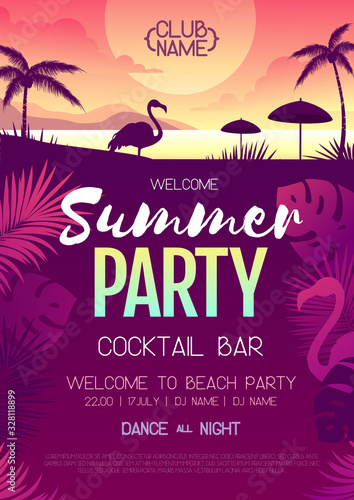 Colorful summer disco party poster with fluorescent tropic leaves and flamingo. Summertime beach background