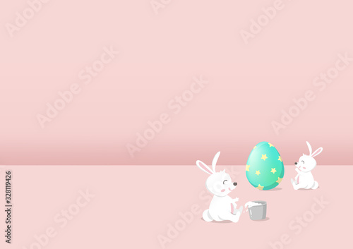 Happy Easter, cartoon adorable rabbit with egg, room minimal style greeting card vector illustration