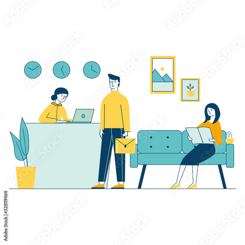 Office reception service providing for client by concierge flat vector illustration. Woman waiting for interview and reading magazine. Receptionist and customer concept for presentation or reports