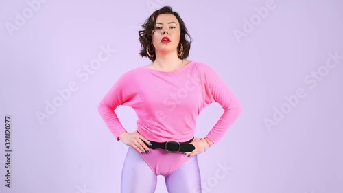 Retro funny fitness. Female doing exercises. Athlete workout from the 80's. Vintage aerobic 90's style. Stupid-looking. 