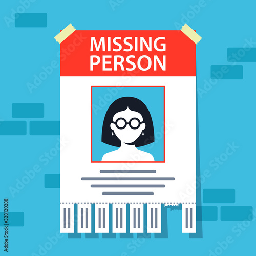missing person announcement. flyer hanging on a brick wall. flat vector illustration.