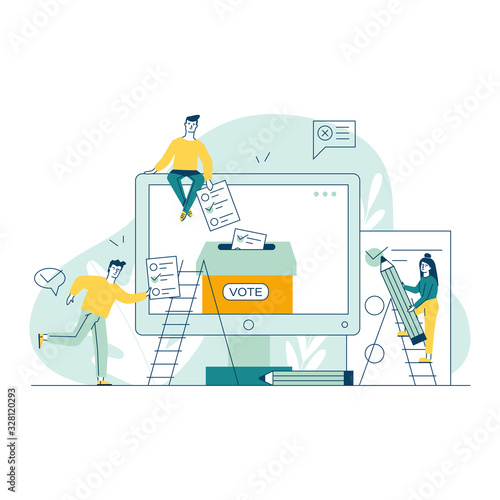 Internet or electronic voting. Man and woman filling up forms and throwing into ballot box flat vector illustration. Election campaign concept for banner, website design or landing web page