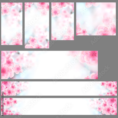 Set of vertical and horizontal Japanese Spring Sakura cherry blossoms website banner backgrounds. 3D Illustration Clip-Art with Floral spring petal design header. copy space in pink, white and blue