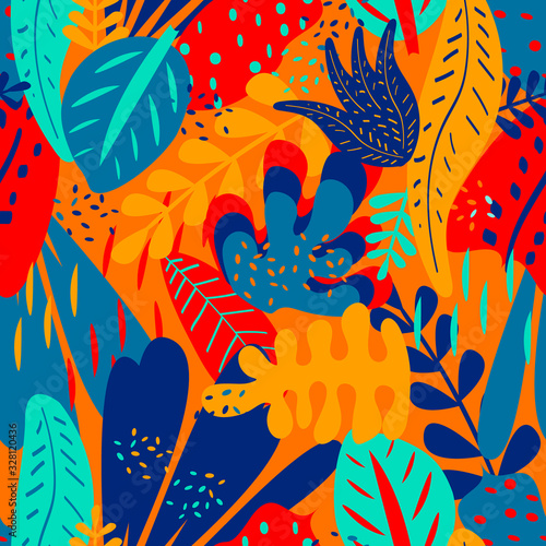 Vivid seamless background with tropical leaves and plants  vector