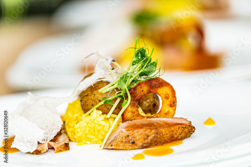 The food in the restaurant. Food styling and restaurant meal serving. Gourmet restaurant menu concept. Creative stylist restaurant photo