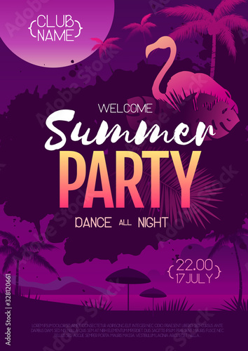 Colorful summer disco party poster with fluorescent tropic leaves and flamingo. Summertime beach background