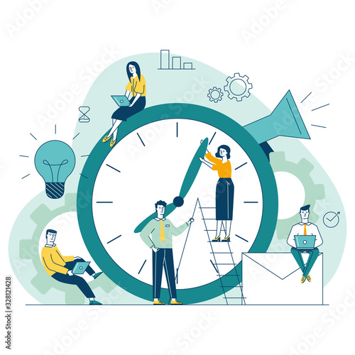Managers adjusting clock hands. People using laptops, working on project together flat vector illustration. Time management, deadline concept for banner, website design or landing web page