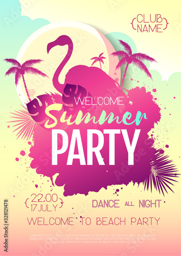 Colorful summer disco party poster with fluorescent tropic leaves and flamingo. Summertime beach background
