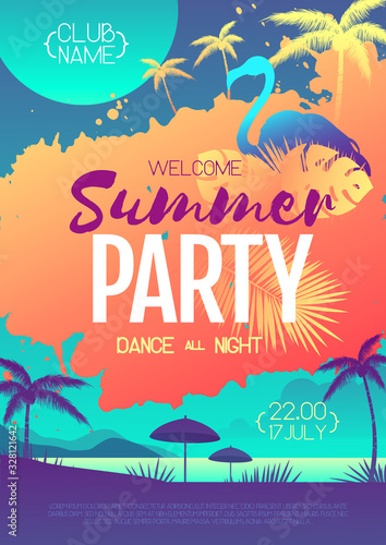 Colorful summer disco party poster with fluorescent tropic leaves and flamingo. Summertime beach background