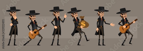 Cartoon cute funny bandit hero in black mask and hat from wild west. Thief with bank money bag and guitar. Ready for animations. Isolated on gray background. Big vector icon set.