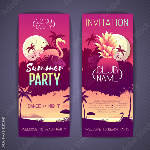 Set Colorful summer disco party posters with fluorescent tropic leaves, pineapple and flamingo. Invitation design. Summertime beach background