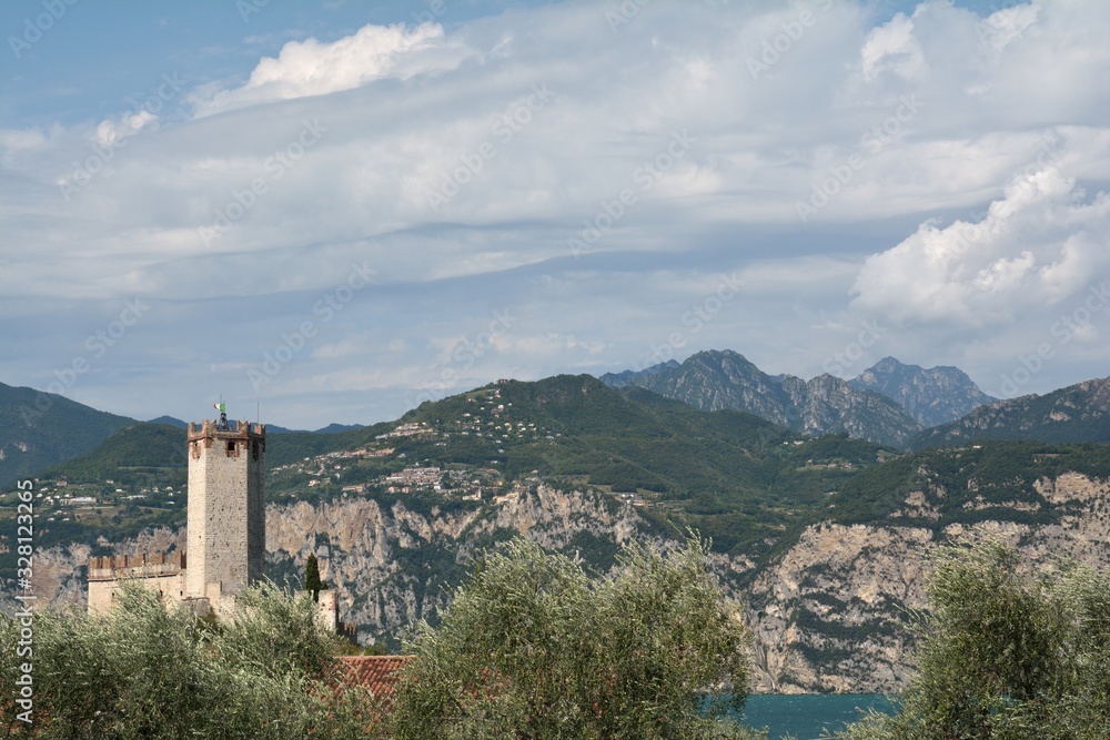 Panorama on Lake Garda, view of the small town of Malcesine, August 2019