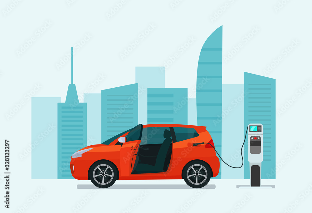 Electric compact hatchback car on a background of abstract cityscape. Electric car is charging, side view. Vector flat illustration.