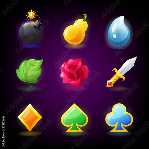 Colorful slots icon set for casino slot machine, gambling games, icons for mobile arcade and puzzle games vector
