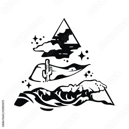 black and white mountain illustration, suitable for screen printing and logo design