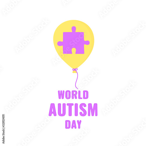 Autism disorder awareness poster. Yellow balloon with jigsaw puzzle piece on white background. Solidarity and support vector illustration in cartoon style. Healthcare and medical concept.