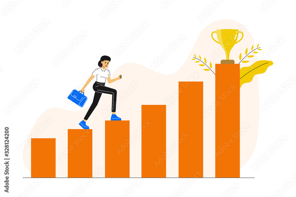 Business concept. Young woman running and climbing up to her goal on the column of columns. Moving up motivation. Career growth metaphor. The path to the target's achievement. Vector illustration. Business concept. Young woman running and climbing up to her goal on the column of columns. Moving up motivation. Career growth metaphor. The path to the target's achievement. Vector illustration.