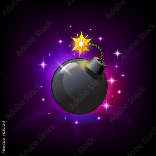 Black round bomb with burning wick icon for slot machine, gambling game design element, vector illustration.