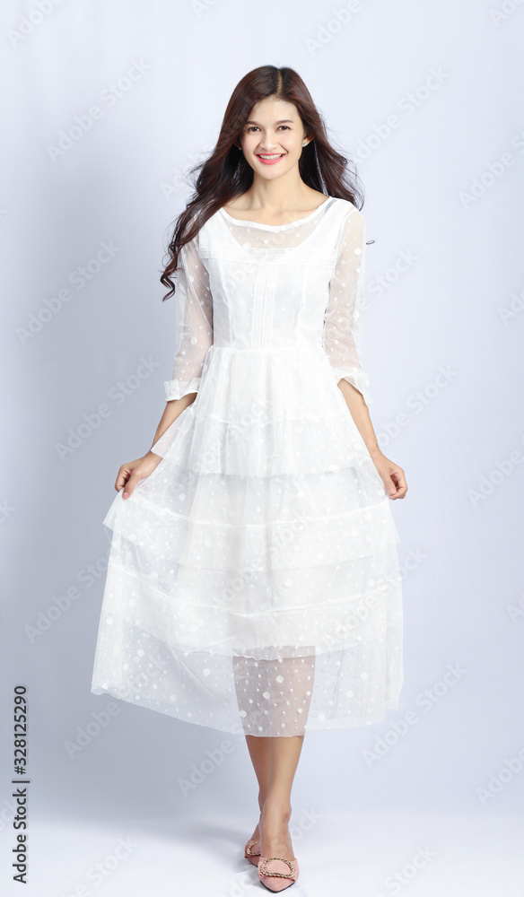 Portrait of young asian on white background, Beautiful thai girl, Wedding dress.