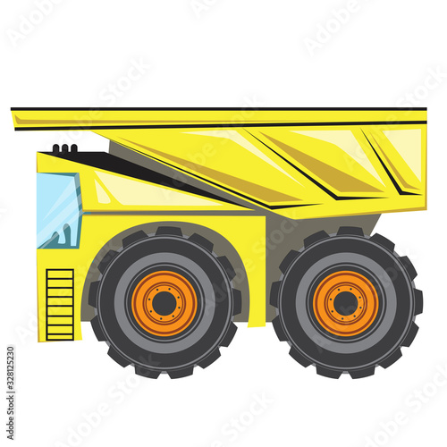 A dump truck or big heavy machine isolated on white background for design, flat vector stock illustration with car as a concept of transporting heavy loads in a quarry or mining