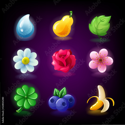 Colorful fruit and flowers slots icon set for casino slot machine, gambling games, icons for mobile arcade and puzzle games vector