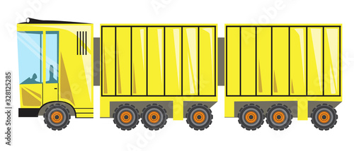A long truck or road train isolated on a white background for design, flat vector stock illustration with car as a concept of logistics and transportation of heavy loads