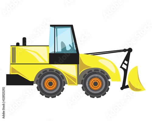 A tractor or excavator with a bucket isolated on a white background for design, flat vector stock illustration with a heavy machine as a excavation concept in a quarry or construction site