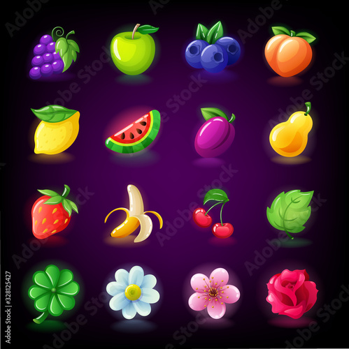 Colorful fruit and flowers slots icon set for casino slot machine, gambling games, icons for mobile arcade and puzzle games vector