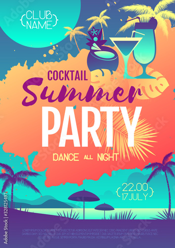 Colorful summer cocktail disco party poster with fluorescent tropic leaves and flamingo. Summertime beach background