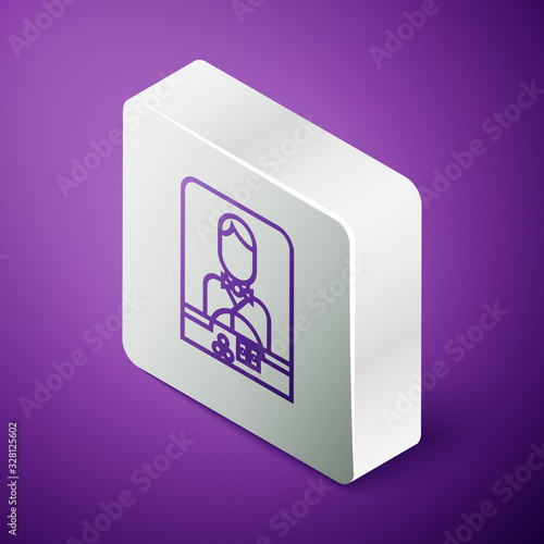 Isometric line Casino dealer icon isolated on purple background. Casino croupier. Silver square button. Vector Illustration