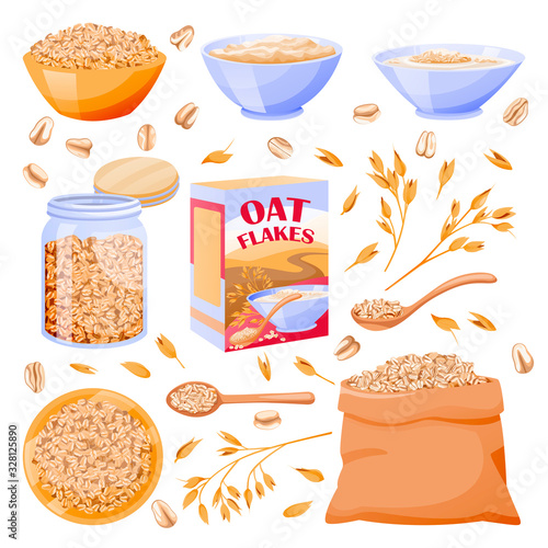 Oats cereal grain in sack. Oatmeal porridge in glass jar and bowl. Vector illustration. Breakfast food design elements