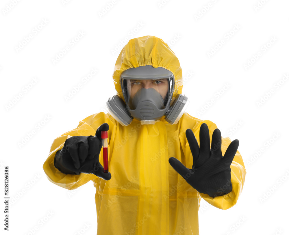 Man wearing chemical protective suit holding test tube with blood sample on white background. Prevention of virus spread Man wearing chemical protective suit holding test tube with blood sample on white background. Prevention of virus spread