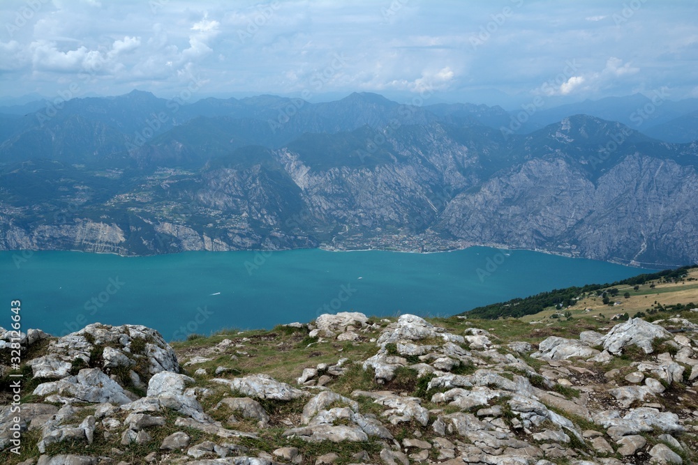 Panorama of Lake Garda, view from Monte Baldo, Verona, Italy, August 2019