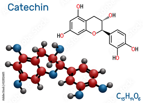 Catechin, flavonoid, C15H14O6 molecule. It is flavanol, a type of natural phenol and antioxidant. Skeletal chemical formula