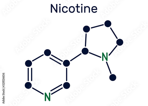 Nicotine molecule, is alkaloid , found in the nightshade family of plants. Structural chemical formula.