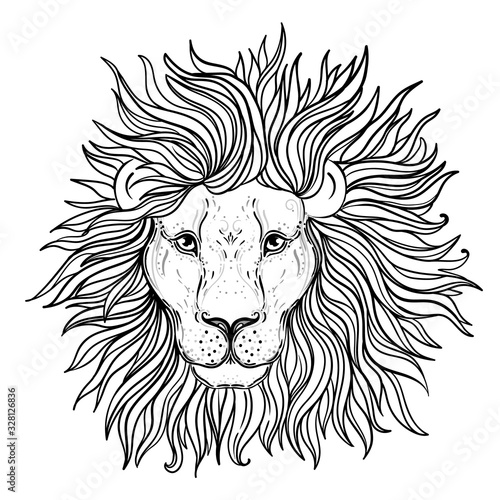 Patterned ornate lion head. African, Indian, totem, tattoo, sticker design. D...
