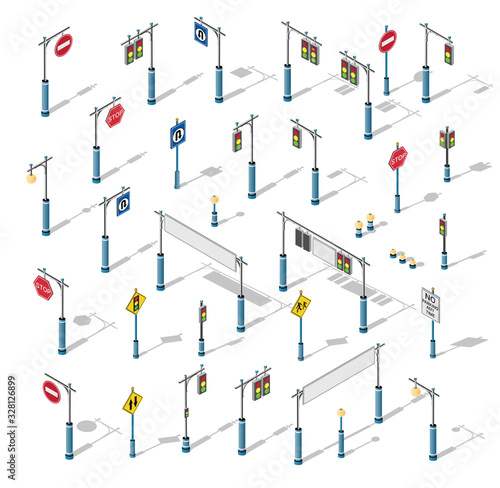 The isometric semaphore streetlight set with traffic signs and urban 3d illustration