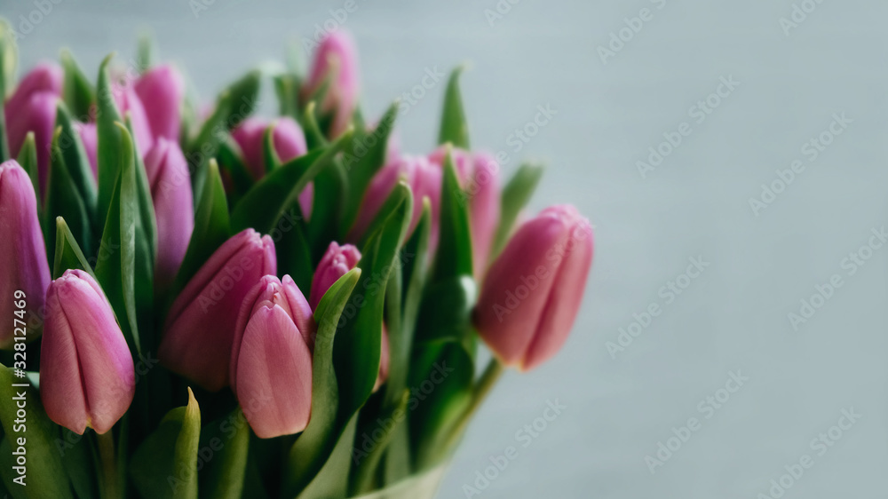 Indoor Close-up of pink tulips on grey background. Bunch of fresh spring pink tulips on vintage dark wall, copy space Indoor Close-up of pink tulips on grey background. Bunch of fresh spring pink tulips on vintage dark wall, copy space