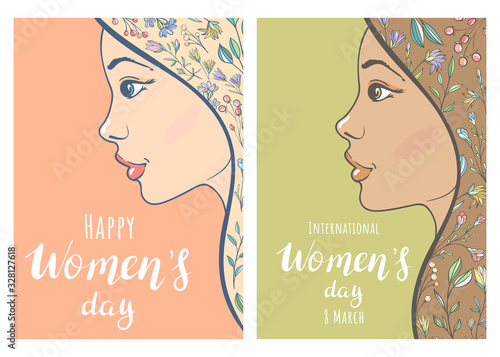 Two greeting cards for Happy International Women's Day. Girls with flowers in their hair