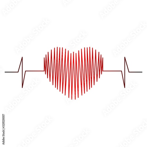 Cardiogram of the heart. Heart drawing in red.