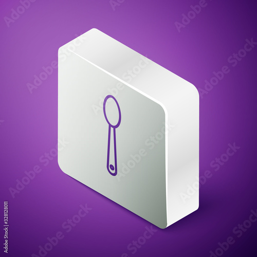 Isometric line Heroin in a spoon icon isolated on purple background. Concept of drug addiction and dependence from the narcotic. Junkie lifestyle. Silver square button. Vector Illustration